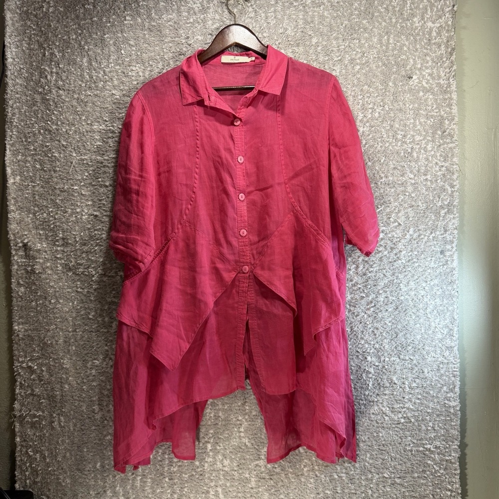 Cheyenne Linen Button Down Shirt Hi-Low Asymmetric Lagenlook Tunic L/XL Pink